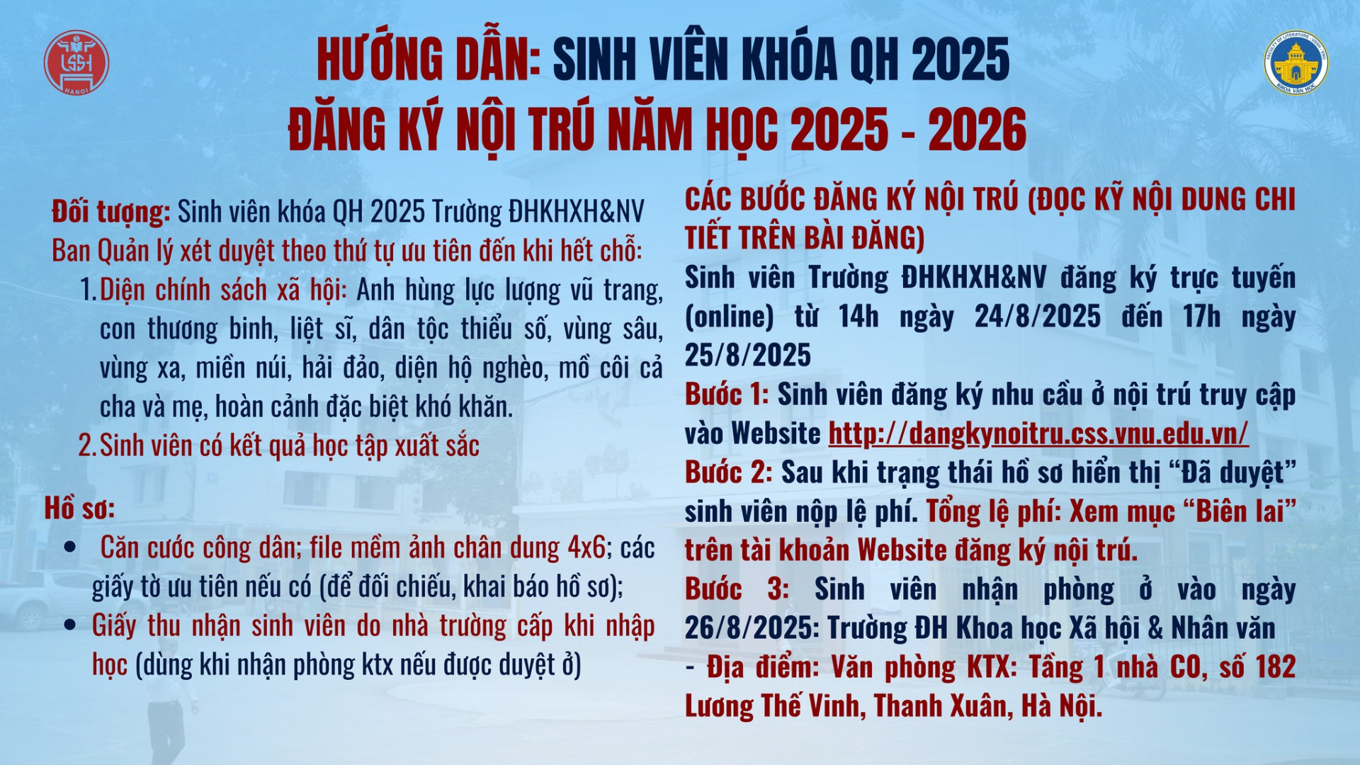 HƯỚNG DẪN: SINH VIÊN KHÓA QH 2025 ĐĂNG KÝ NỘI TRÚ NĂM HỌC 2025-2026